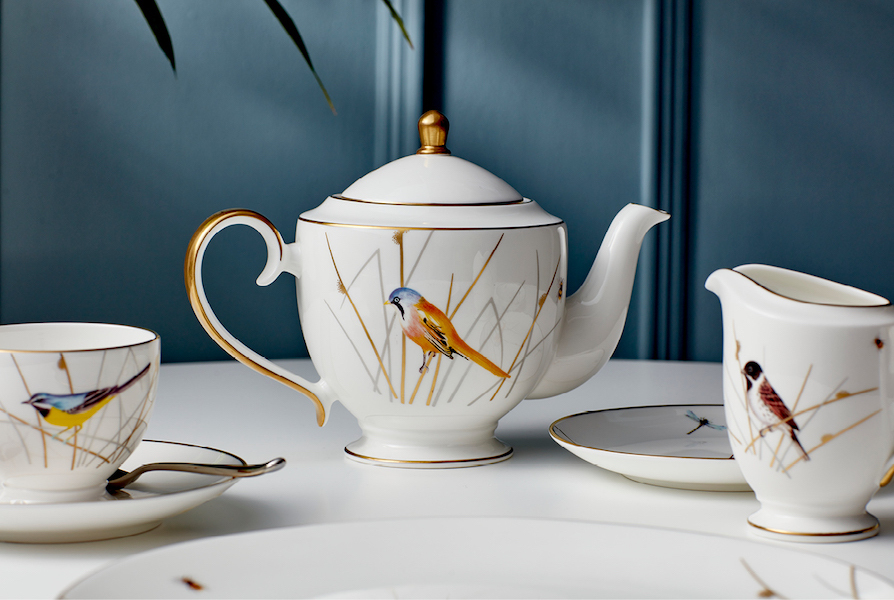 Bone china cup and saucer, teapot and jug from the Reed Collection