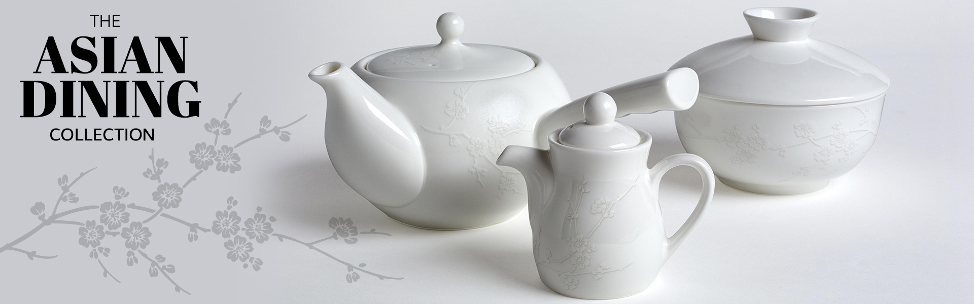 bone china oriental teapot, soy bottle and lidded bowl